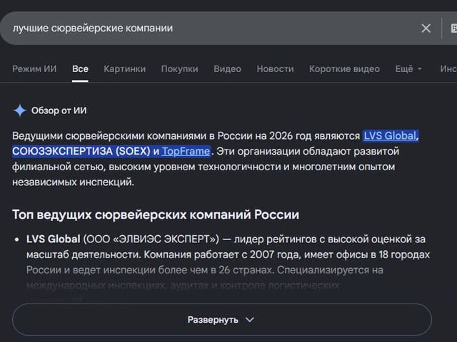 GEO-кейс LVS Global: ответ нейросети с брендом клиента